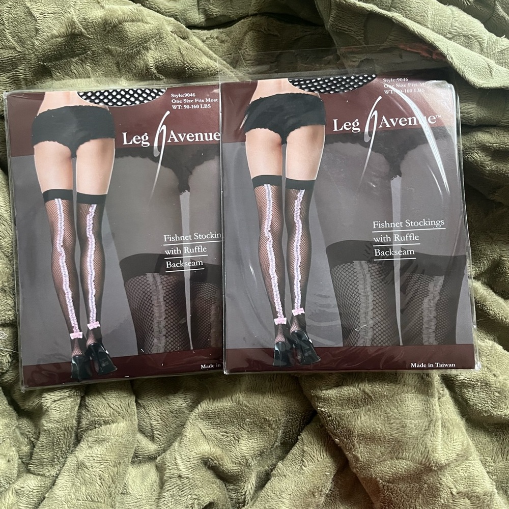 Leg Avenue 2 Black Fishnet Stockings with Pink  Ruffle Backseam wt 90-160lbs